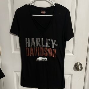 Black women’s Harley Davidson V neck t shirt.